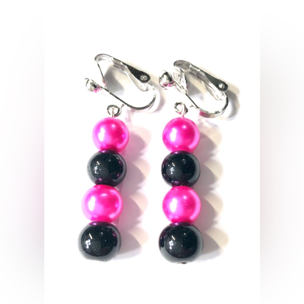 Handmade Pink & Black Clip-On Earrings Women